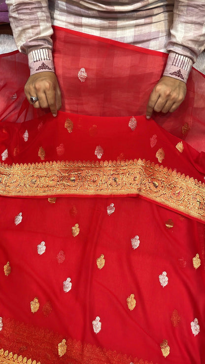 100% Authentic & Luxurious Pure Banarasi Khaddi Chiffon Georgette Saree Scarlet Red Color