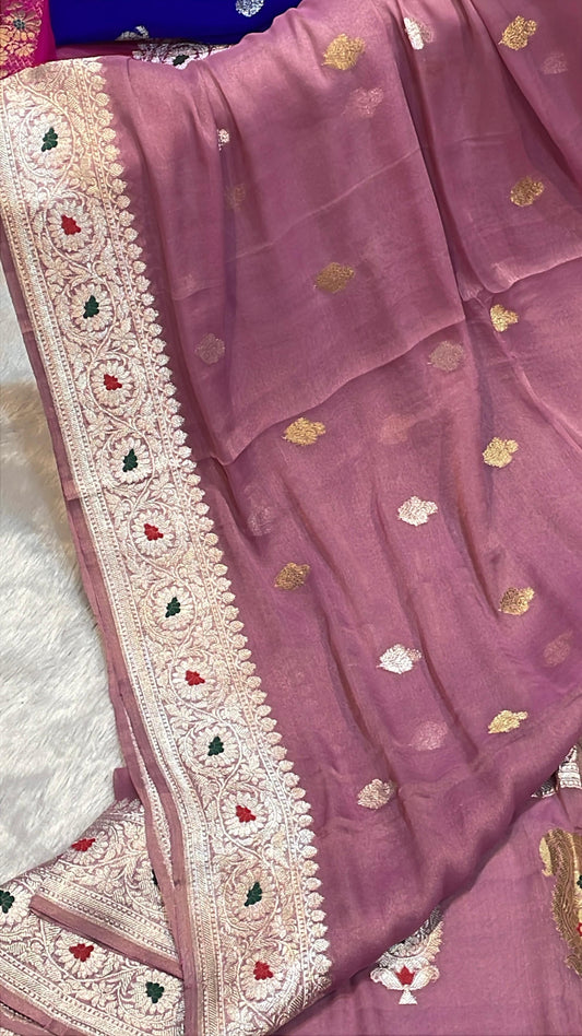 100% Authentic & Luxurious Pure Banarasi Khaddi Chiffon Tissue Saree Purple pink Drape Colour