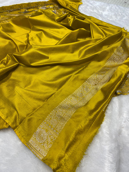 Mashru Silk Saree Canary Yellow Color With Floral Border Sona Rupa Zari Mina Jaal Pattern  MSW38