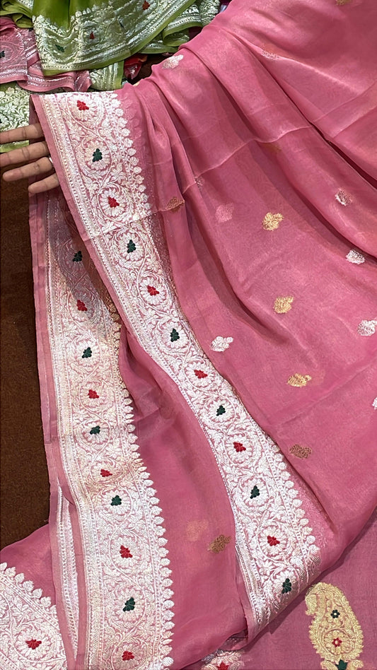 100% Authentic & Luxurious Pure Banarasi Khaddi Chiffon Tissue Saree Gazri Pink Colour
