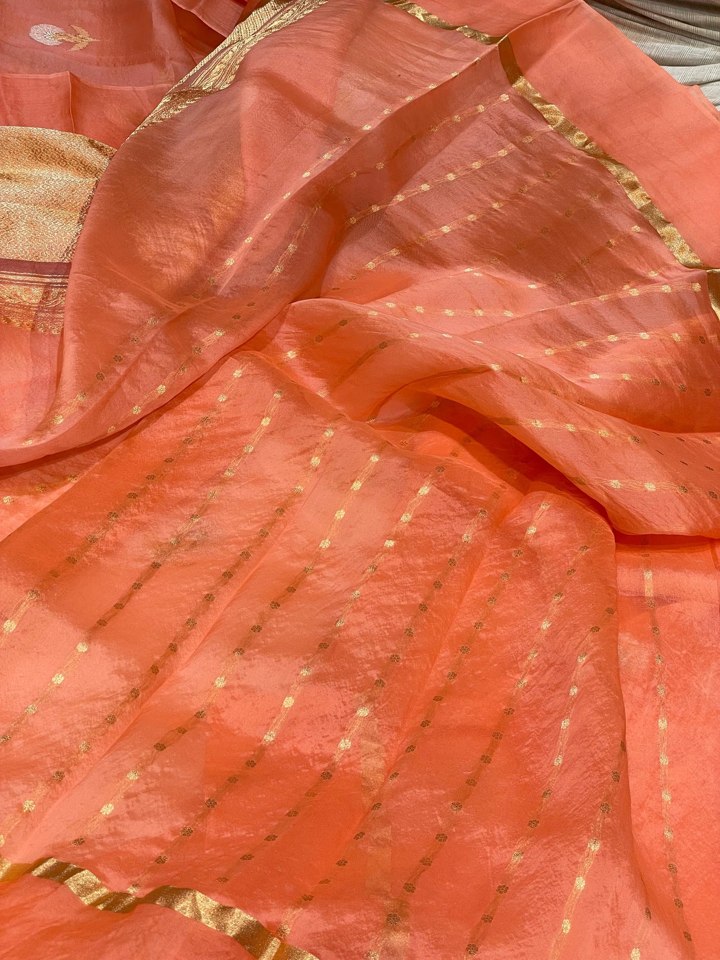 Peach Color Pure Kora Organza Banarasi Handloom Saree's