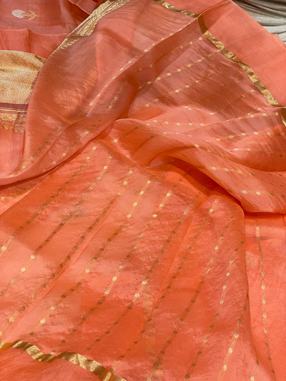 Peach Color Pure Kora Organza Banarasi Handloom Saree's