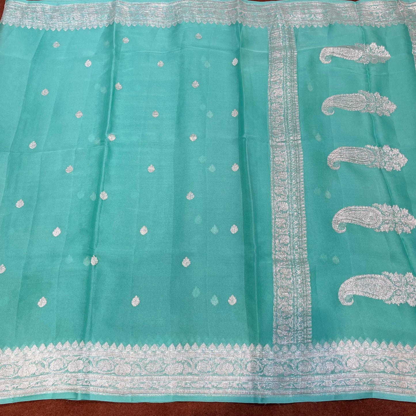 100% Pure Banarasi Khaddi Chiffon Silver Zari Kadwa Buti Handloom Saree Sea Green Colour