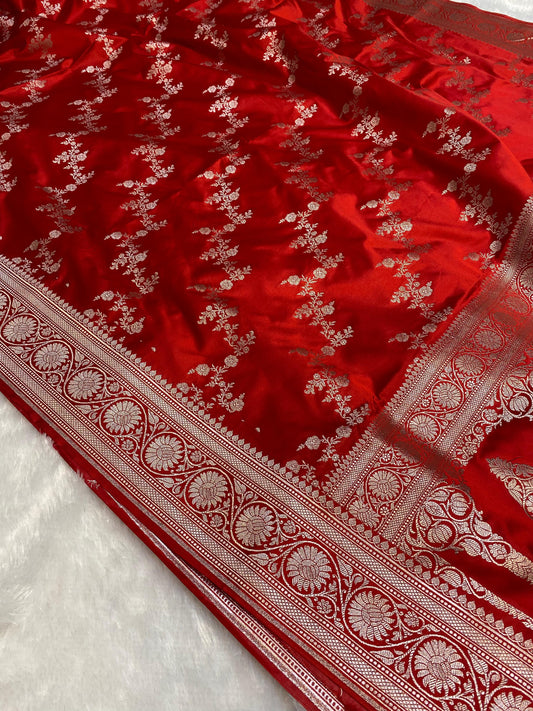 Mashru Silk Saree Crimson Red Color With Floral Border MSW30