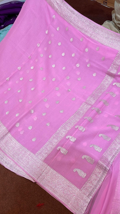 100% Pure Banarasi Khaddi Chiffon Silver Zari Kadwa Buti Handloom Saree Baby Pink Colour