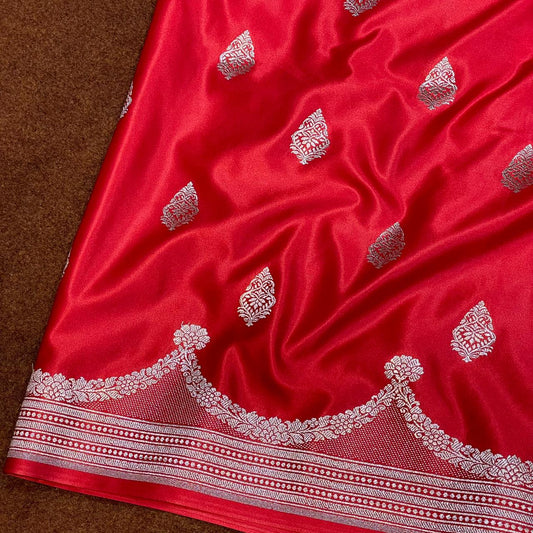 Pure Banarasi Bright Red Color with Scallop Border All Over Boota Mashru Silk Saree MSW-07