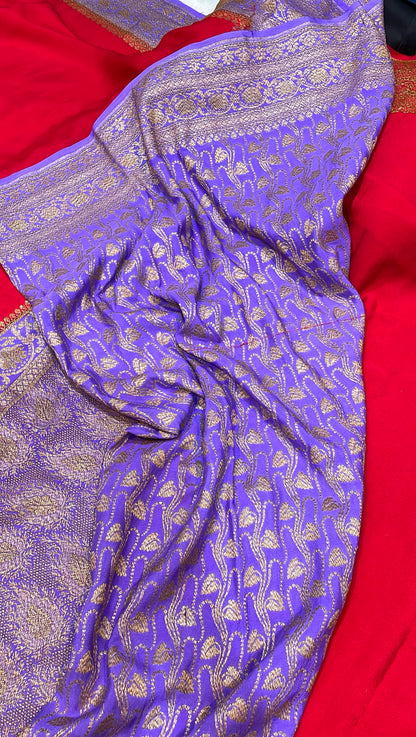 Pure Banarasi Khaddi Crape Silk Handloom Saree with Traditional Corners Red With Lavender