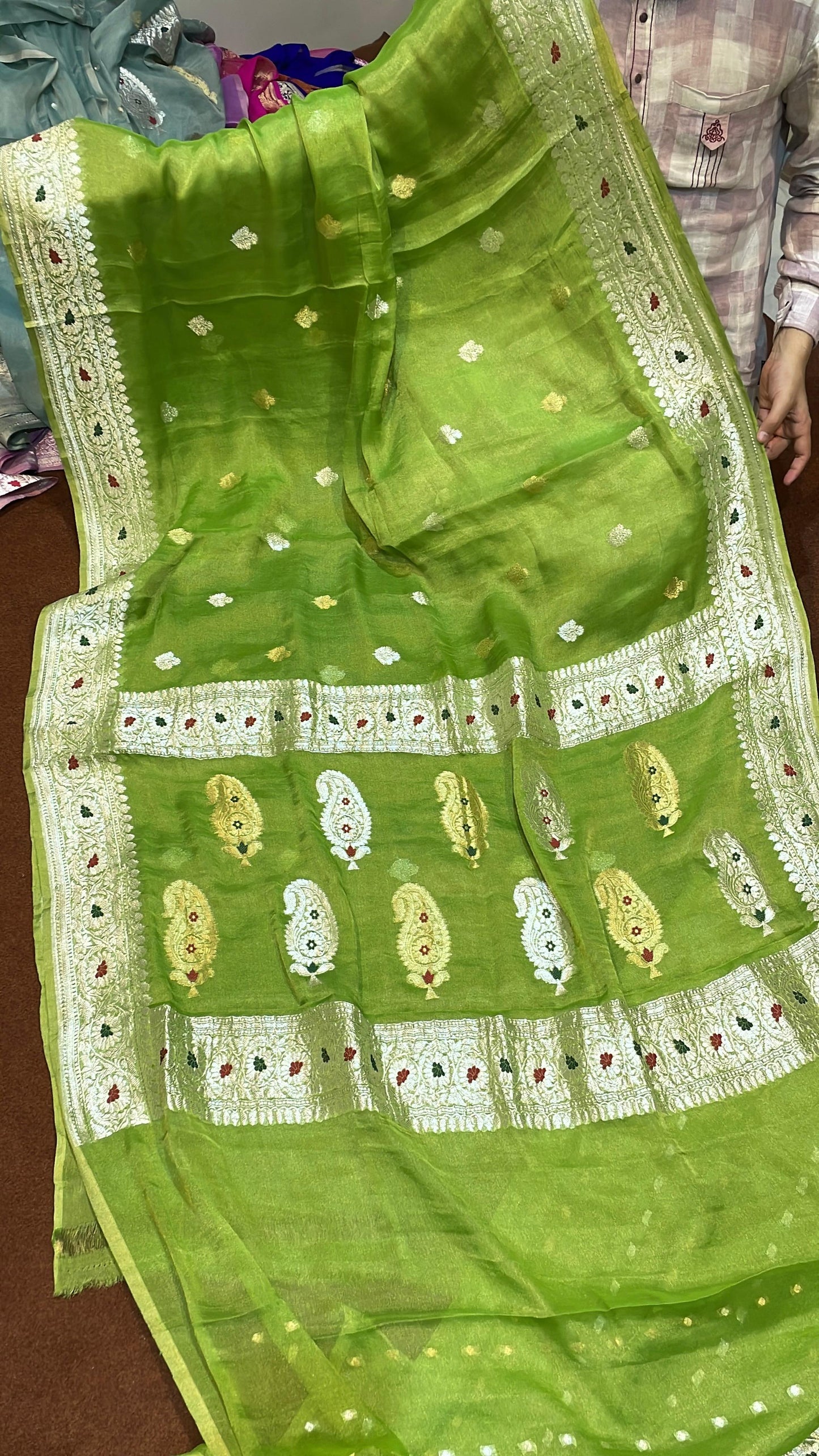 100% Authentic & Luxurious Pure Banarasi Khaddi Chiffon Tissue Saree Neon Parrot Green Colour
