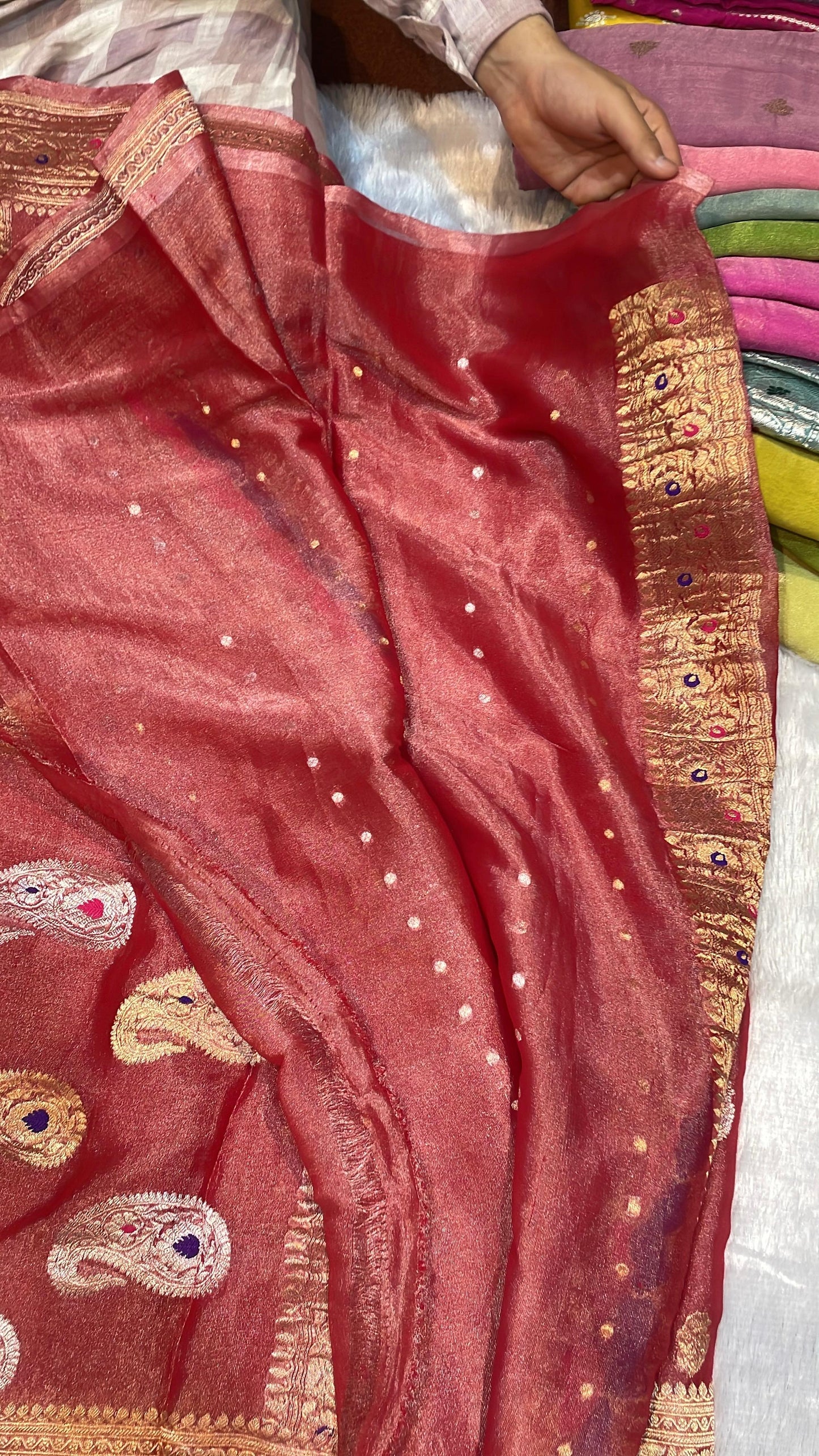 100% Authentic Pure Banarasi Khaddi Chiffon Tissue Saree Pure Red Colour With Golden Zari Border's