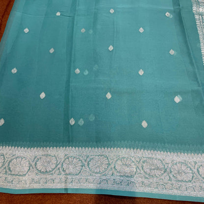 100% Pure Banarasi Khaddi Chiffon Silver Zari Kadwa Buti Handloom Saree Dusty Sea Green Colour