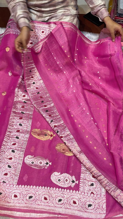 100% Authentic & Luxurious Pure Banarasi Khaddi Chiffon Tissue Saree Noor Rani Royale Pink Colour