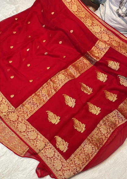 100% Pure Banarasi Khaddi Chiffon Gold/Antique Zari Kadwa Buti Handloom Saree Red Color