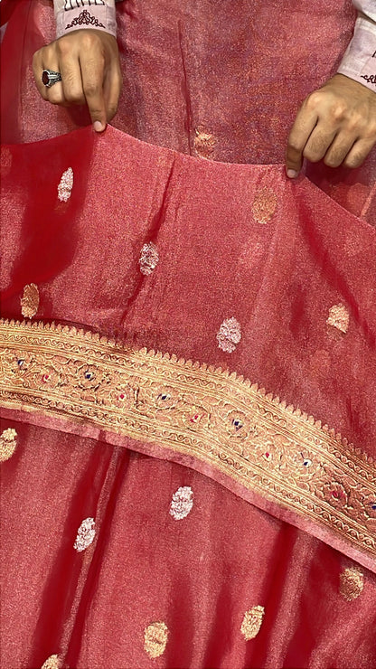 100% Authentic Pure Banarasi Khaddi Chiffon Tissue Saree Pure Red Colour With Golden Zari Border's