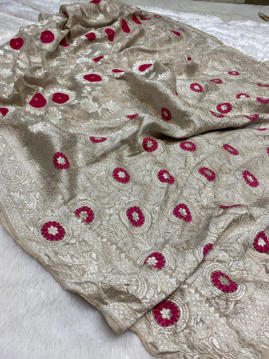Pure Khaddi Georgette Tissue Saree With Velvet Weaving Natural Colour [*Color Customisable]