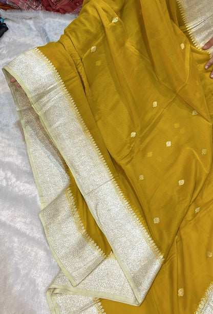 100% Pure Banarasi Khaddi Chiffon Silver Zari Kadwa Buti Handloom Saree Mango Yellow with lemonish Yellow Colour