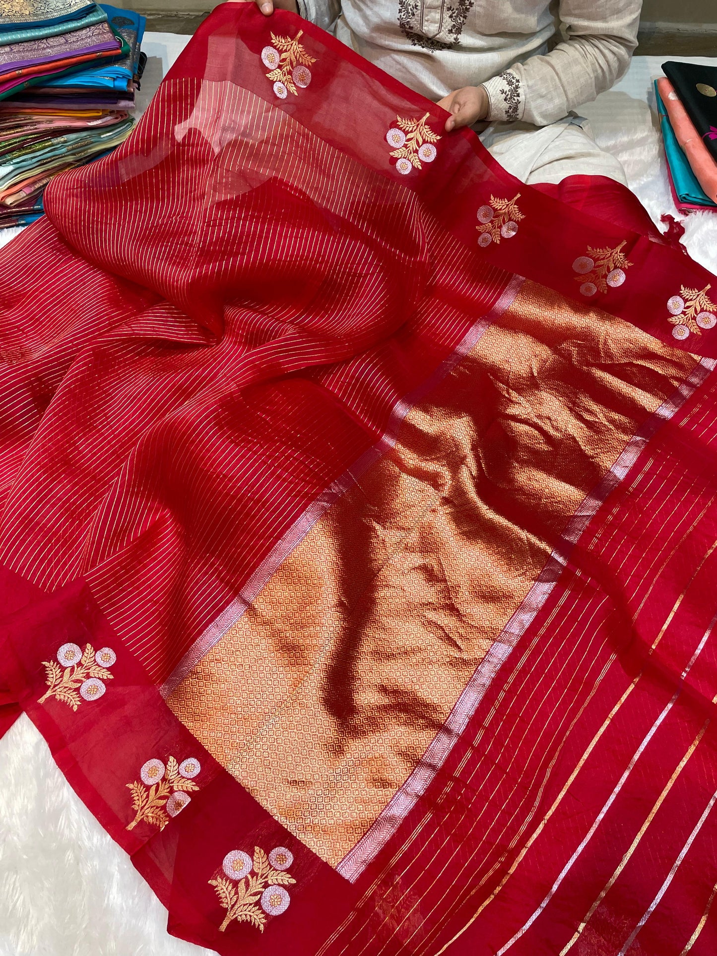 Bright Red Pure Kora Organza Banarasi Handloom Saree's