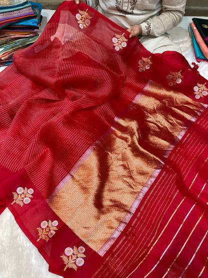 Bright Red Pure Kora Organza Banarasi Handloom Saree's