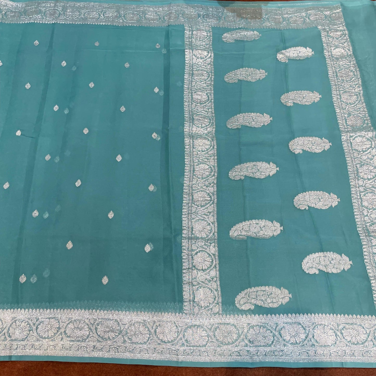 100% Pure Banarasi Khaddi Chiffon Silver Zari Kadwa Buti Handloom Saree Dusty Sea Green Colour