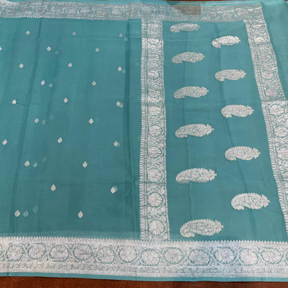 100% Pure Banarasi Khaddi Chiffon Silver Zari Kadwa Buti Handloom Saree Dusty Sea Green Colour