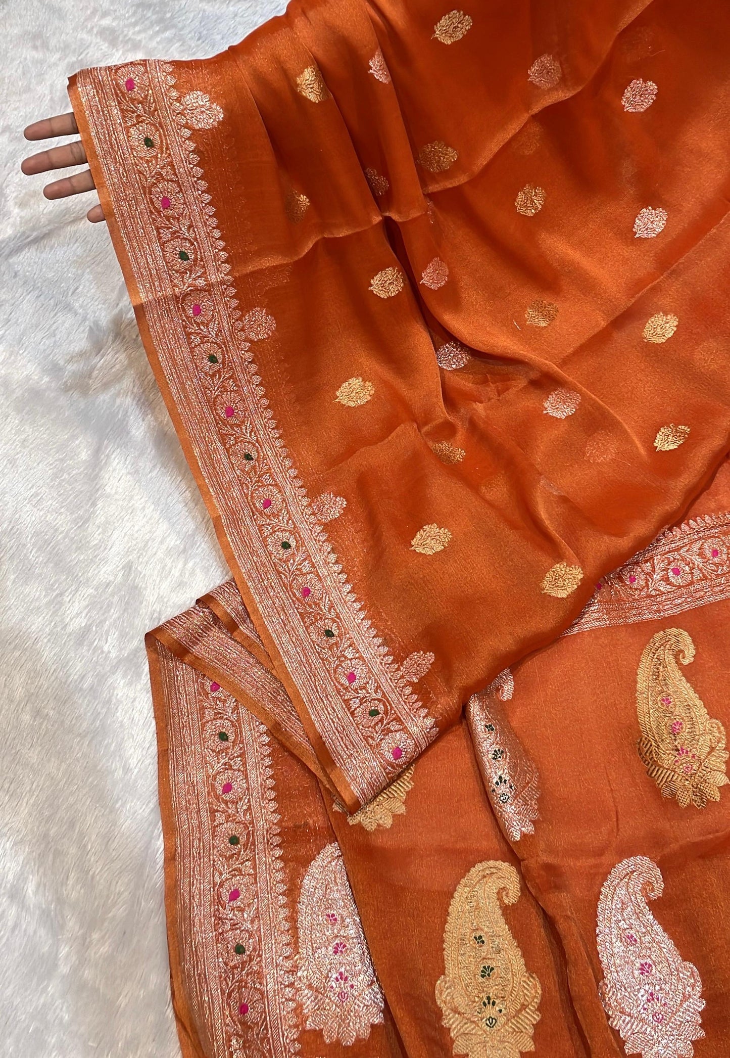 100% Authentic & Luxurious Pure Banarasi Khaddi Chiffon Tissue Saree Rust Orange Colour