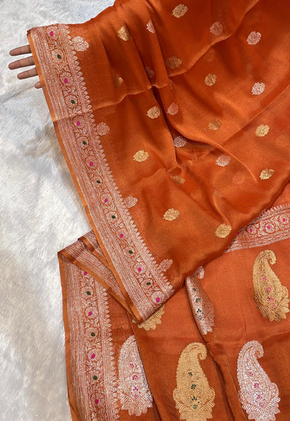 100% Authentic & Luxurious Pure Banarasi Khaddi Chiffon Tissue Saree Rust Orange Colour