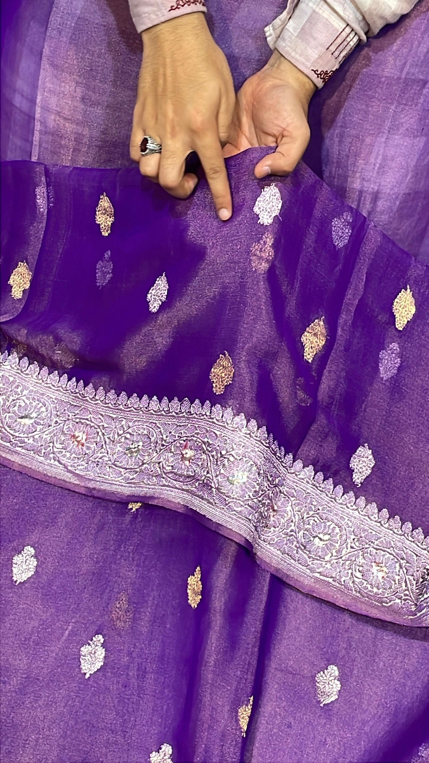 100% Authentic Pure Banarasi Khaddi Chiffon Tissue Saree Purple Violet Color