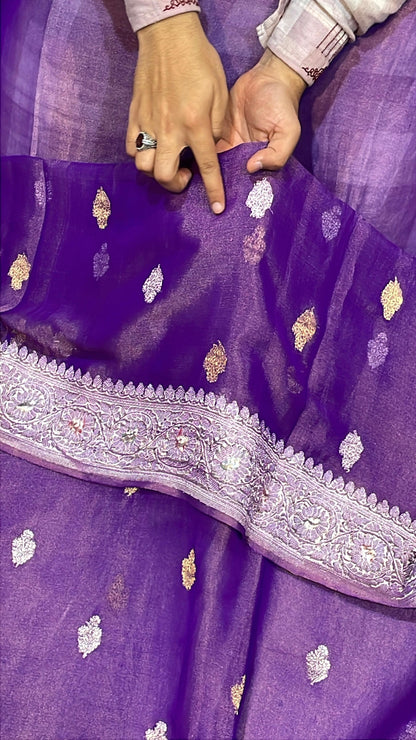 100% Authentic Pure Banarasi Khaddi Chiffon Tissue Saree Purple Violet Color