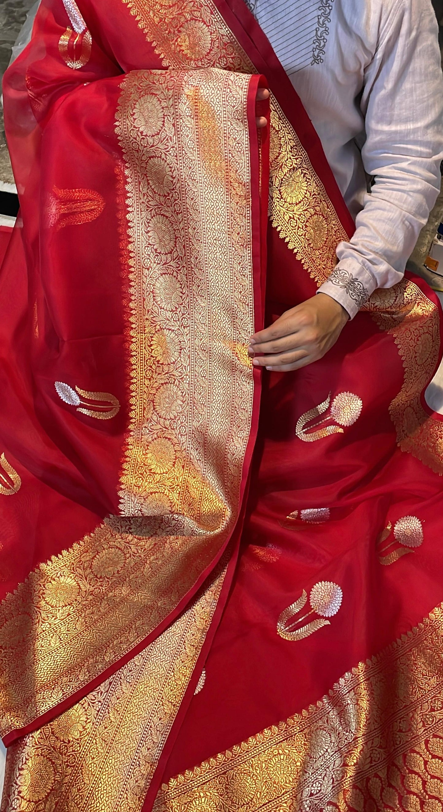Blood Red Pure Kora Organza Banarasi Kadhwa Handloom Saree's