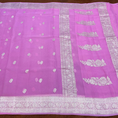 100% Pure Banarasi Khaddi Chiffon Silver Zari Kadwa Buti Handloom Saree Hot pink Colour