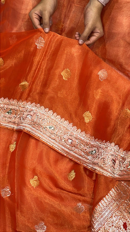 100% Authentic Pure Banarasi Khaddi Chiffon Tissue Saree' Rusty Orange Color