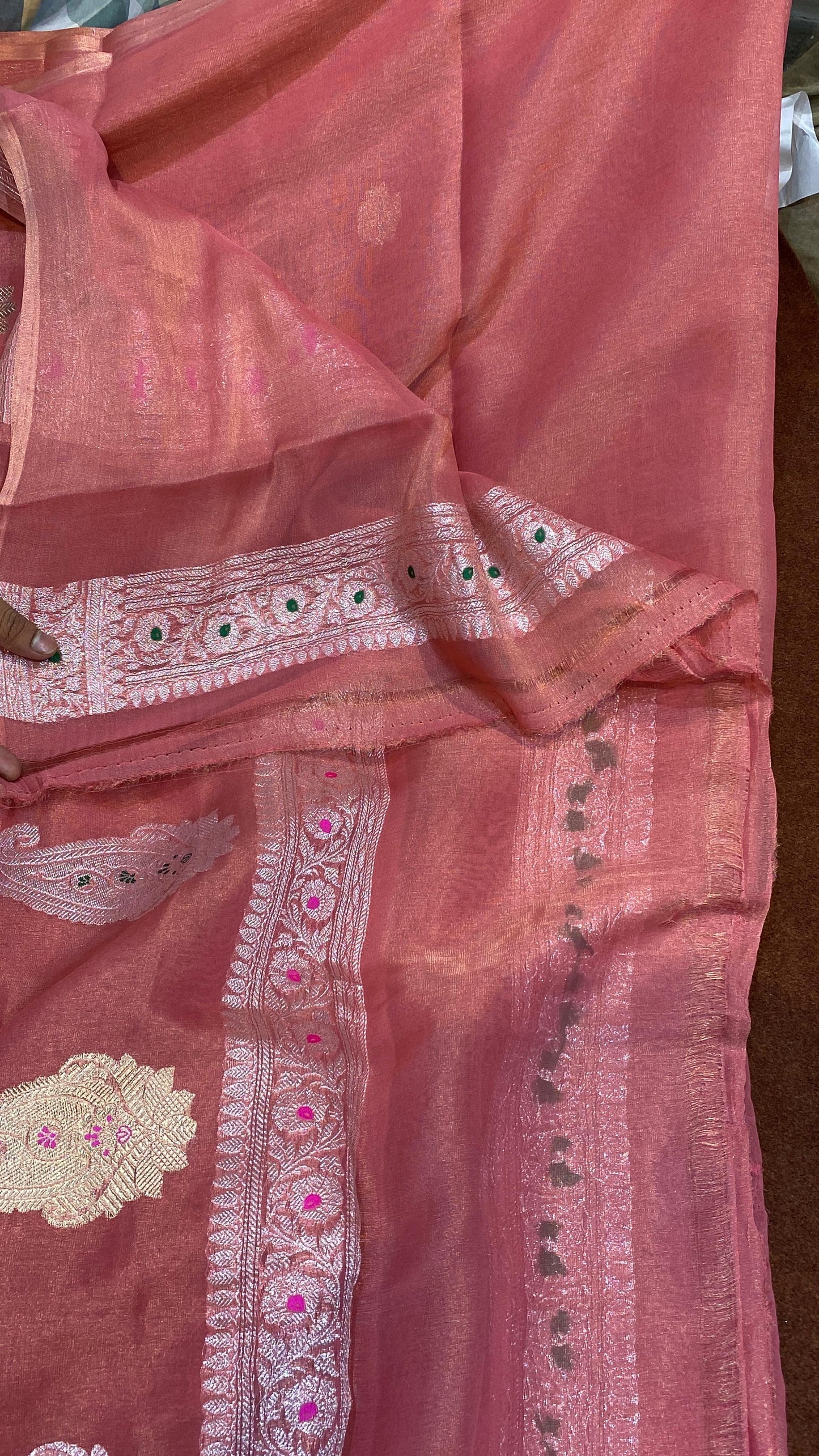 100% Authentic & Luxurious Pure Banarasi Khaddi Chiffon Tissue Saree Gazri Color