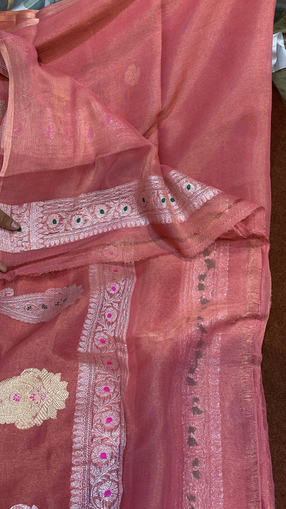 100% Authentic & Luxurious Pure Banarasi Khaddi Chiffon Tissue Saree Gazri Color