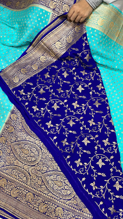 Pure Banarasi Khaddi Crape Silk Handloom Saree with Traditional Corners Firozi With Navy Blue