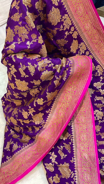 Pure Banarasi Khaddi Crape Silk Handloom Saree with Traditional Corners Purple With Rani Color