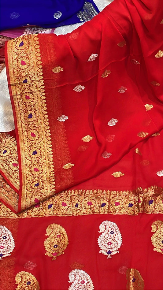 100% Authentic & Luxurious Pure Banarasi Khaddi Chiffon Tissue Saree Scarlet Red Color