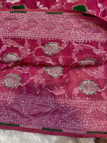 Pure Khaddi Georgette Tissue Saree With Velvet Weaving Blush Royale Pink Color [*Color Customisable]