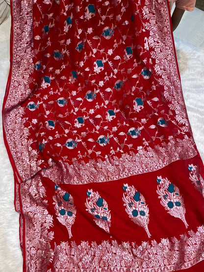 Exclusive & Pure Khaddi Georgette With Velvet Weaving Saree Imperial Red Color [*Color Customisable]
