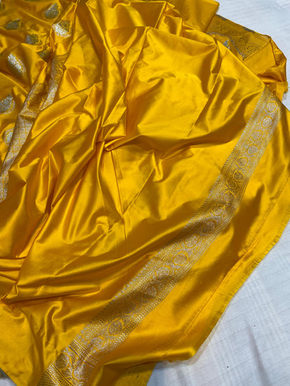 Mashru Silk Saree Golden Yellow Color With Floral Border Buta Sona Rupa Zari MSW31