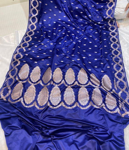 Mashru Silk Saree Royale Blue Color With Floral Border All Over Flower Booti