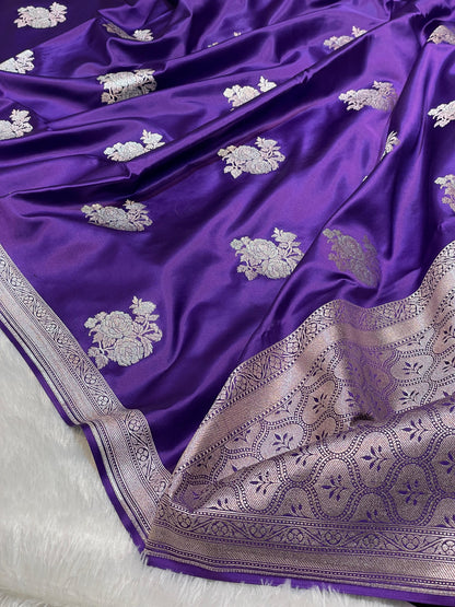Mashru Silk Saree Monque Voilet Color With Floral Border Sona Rupa Zari Mina Buta MSW32