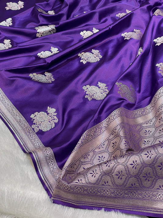 Mashru Silk Saree Monque Voilet Color With Floral Border Sona Rupa Zari Mina Buta MSW32