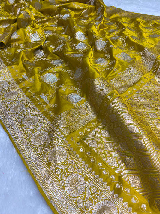 Mashru Silk Saree Canary Yellow Color With Floral Border Sona Rupa Zari Mina Jaal Pattern  MSW38