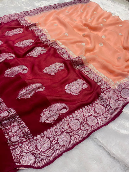 100% Pure Banarasi Khaddi Chiffon Silver Zari Kadwa Buti Handloom Saree Peach Pink Colour
