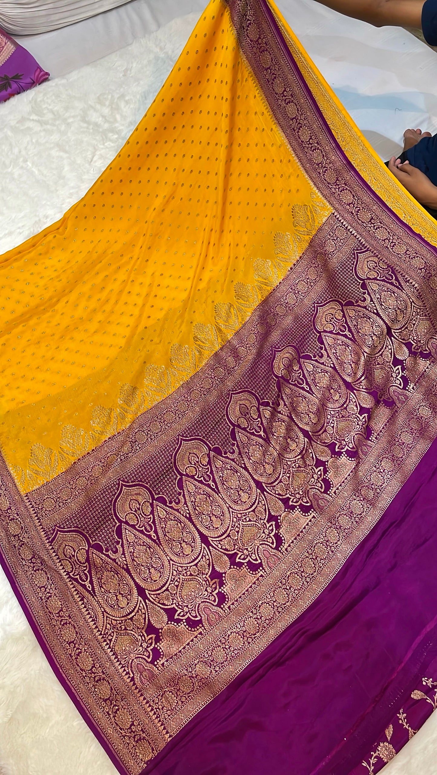 Pure Banarasi Khaddi Crape Silk Handloom Saree with Traditional Corners Yellow With Purple Color