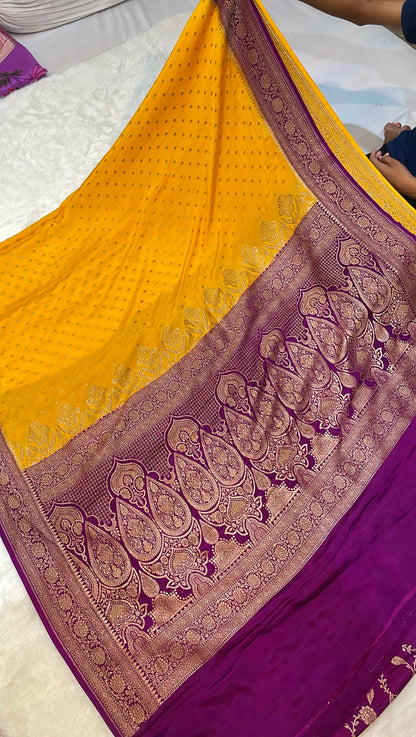 Pure Banarasi Khaddi Crape Silk Handloom Saree with Traditional Corners Yellow With Purple Color