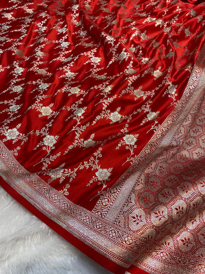Mashru Silk Saree Red Color Sona Rupa Zari Buta Border