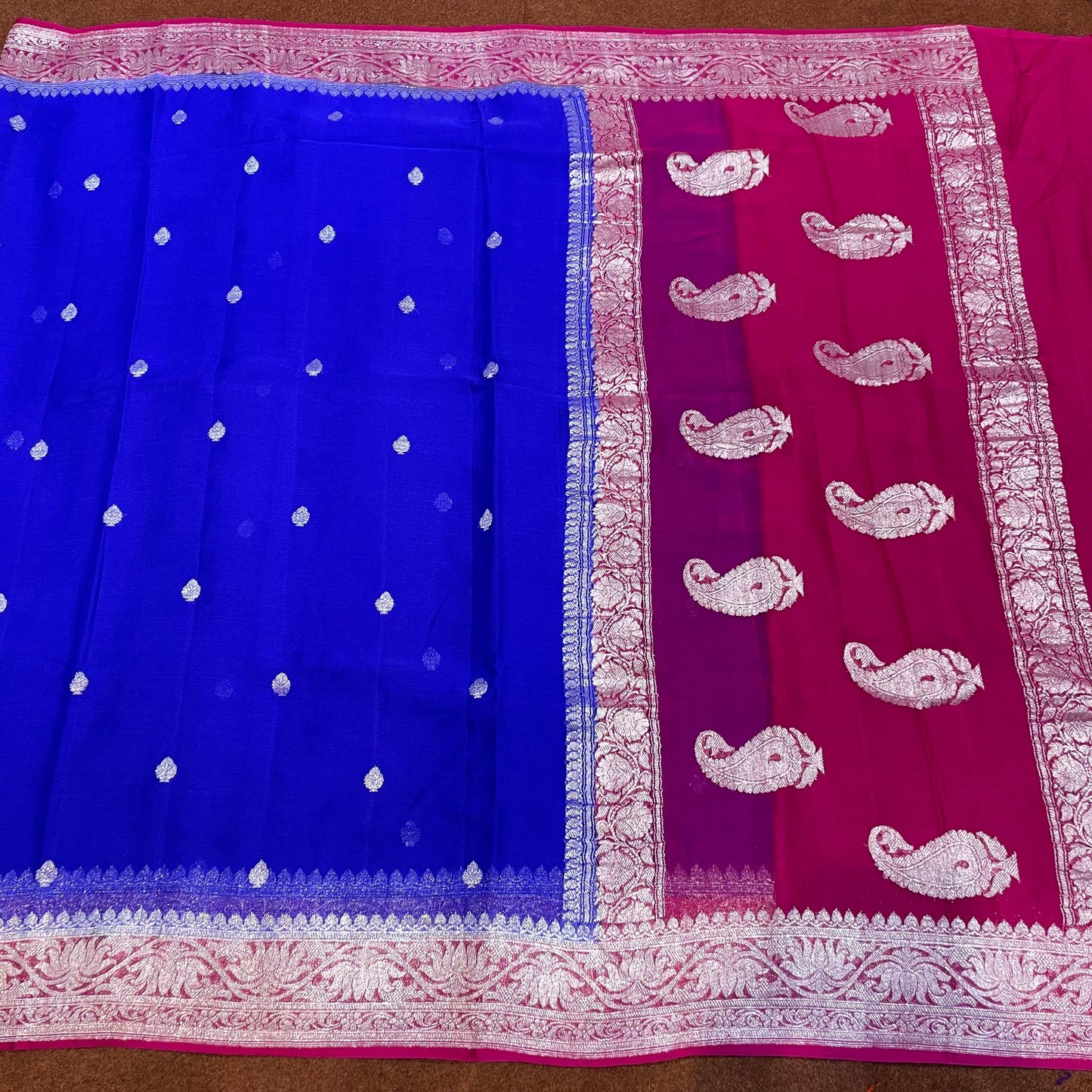 100% Pure Banarasi Khaddi Chiffon Silver Zari Kadwa Buti Handloom Saree Royal Blue with Rani Pink Colour
