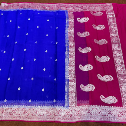 100% Pure Banarasi Khaddi Chiffon Silver Zari Kadwa Buti Handloom Saree Royal Blue with Rani Pink Colour