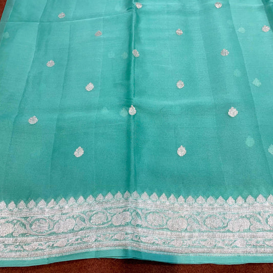 100% Pure Banarasi Khaddi Chiffon Silver Zari Kadwa Buti Handloom Saree Sea Green Colour