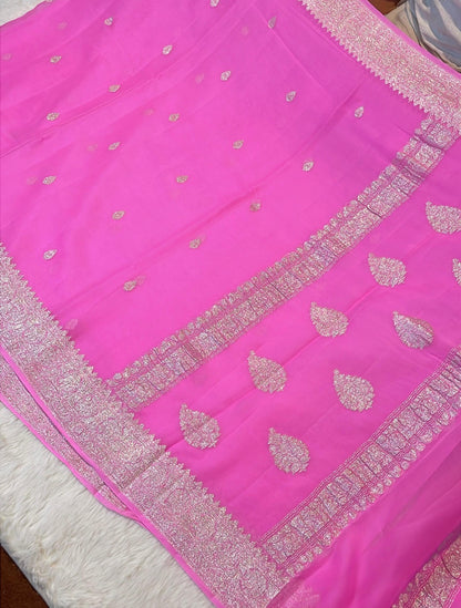 100% Pure Banarasi Khaddi Chiffon Silver Zari Kadwa Buti Handloom Saree Pink Color
